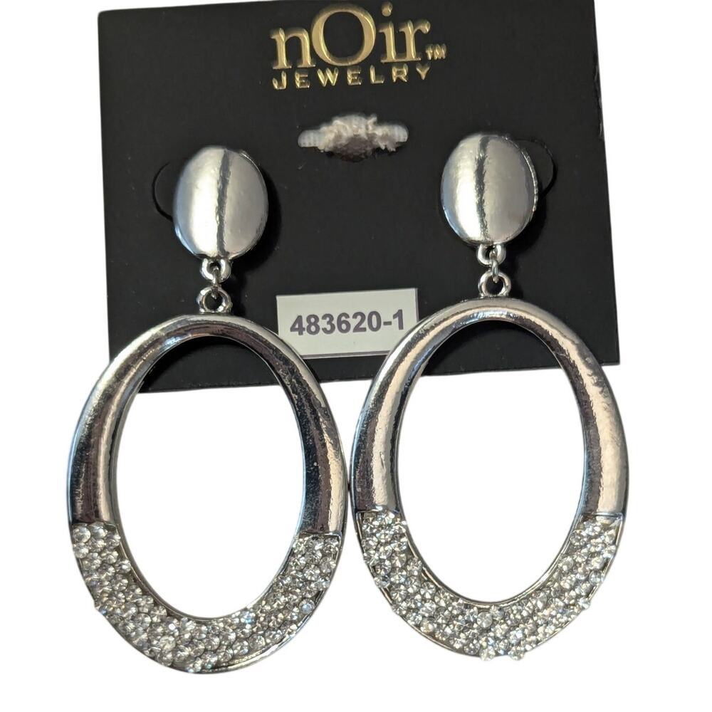 nOir Oval Mottled Silver Rhinestone Hoop Earrings - Picture 1 of 5
